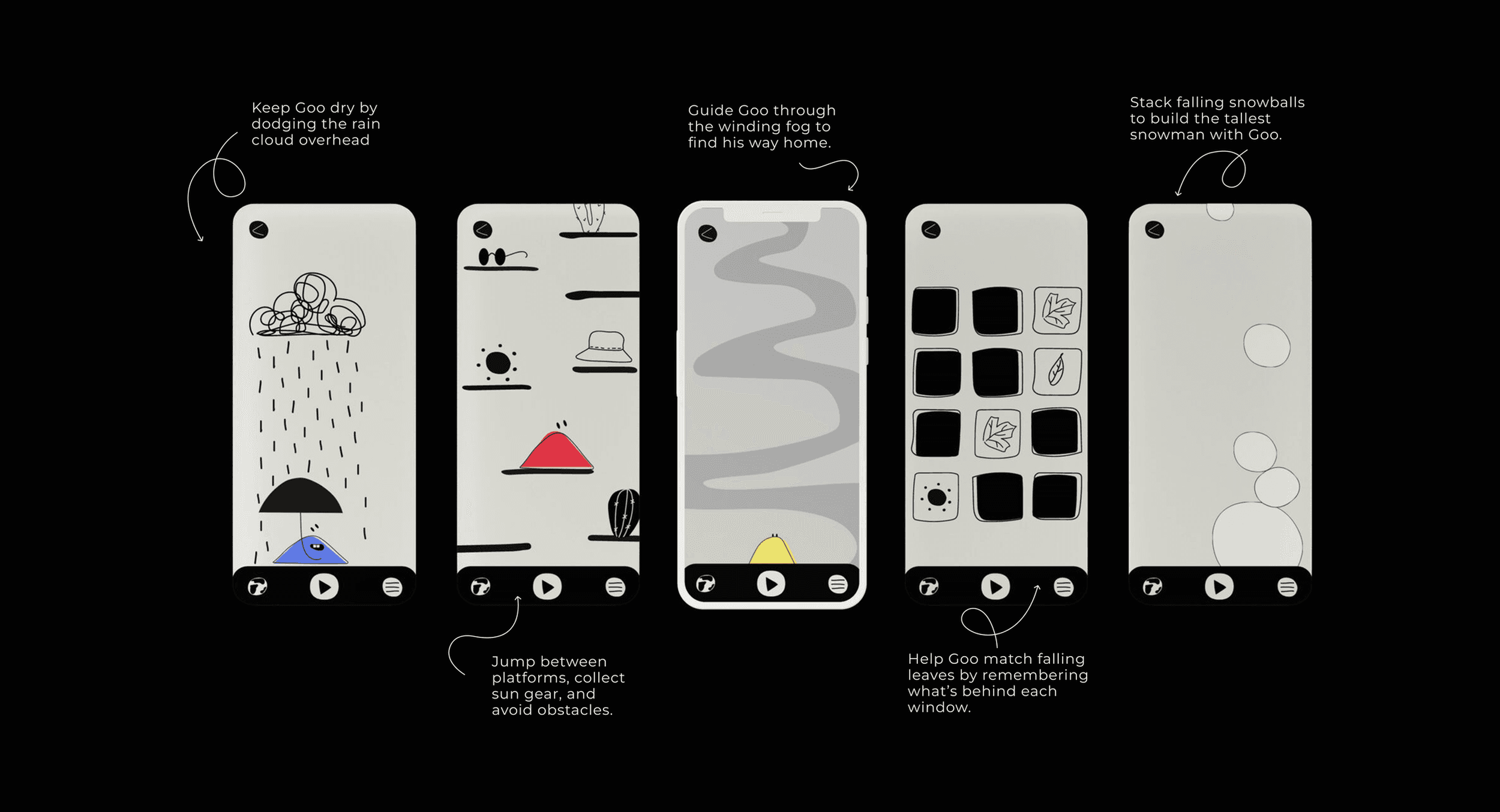 Goocast mini-games: dodge the rain, jump between platforms, guide Goo through the fog, match falling leaves, stack snowballs