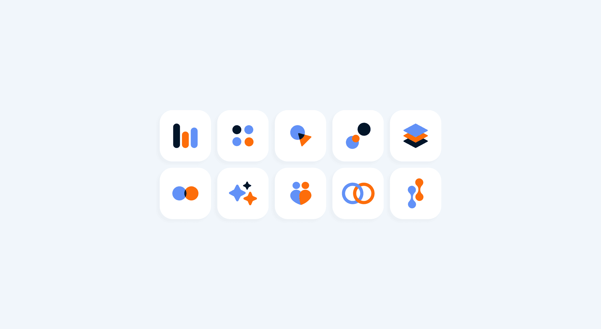 Agora icon set: ten filled icons in navy, blue and orange