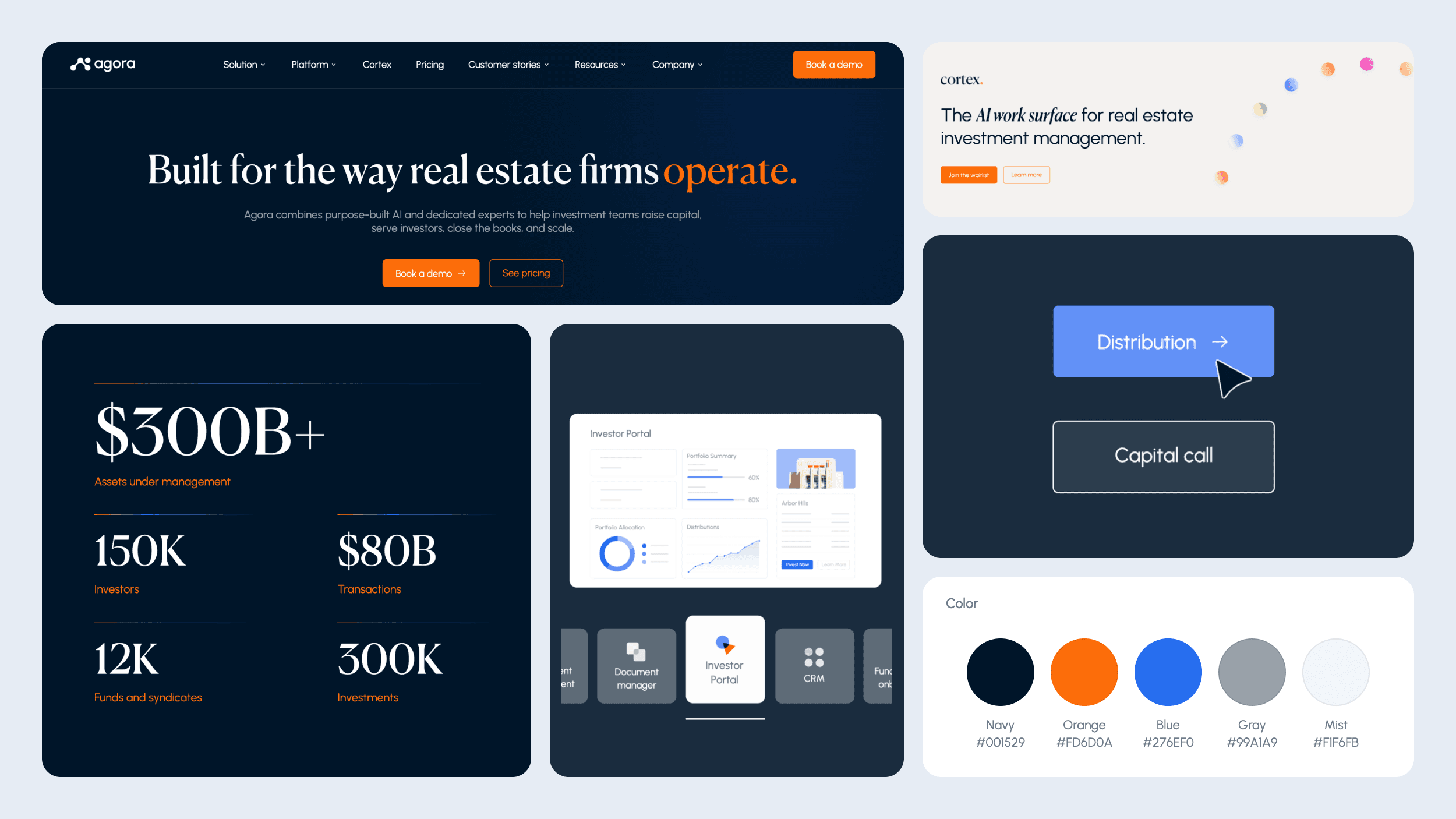 Agora design system in use: the homepage hero, key numbers, Investor Portal UI, Cortex banner, payment buttons and color palette