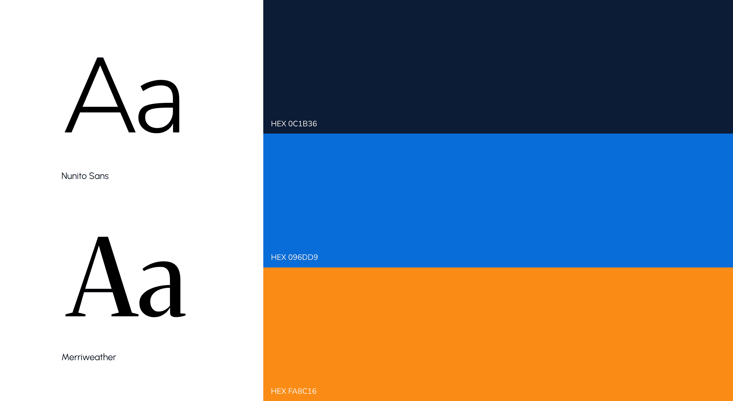 Old Agora typefaces, Nunito Sans and Merriweather, with navy, blue and orange