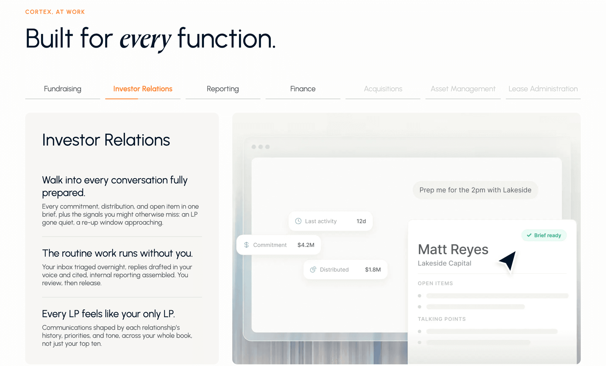 Cortex section: Built for every function, with Investor Relations tab and product visual