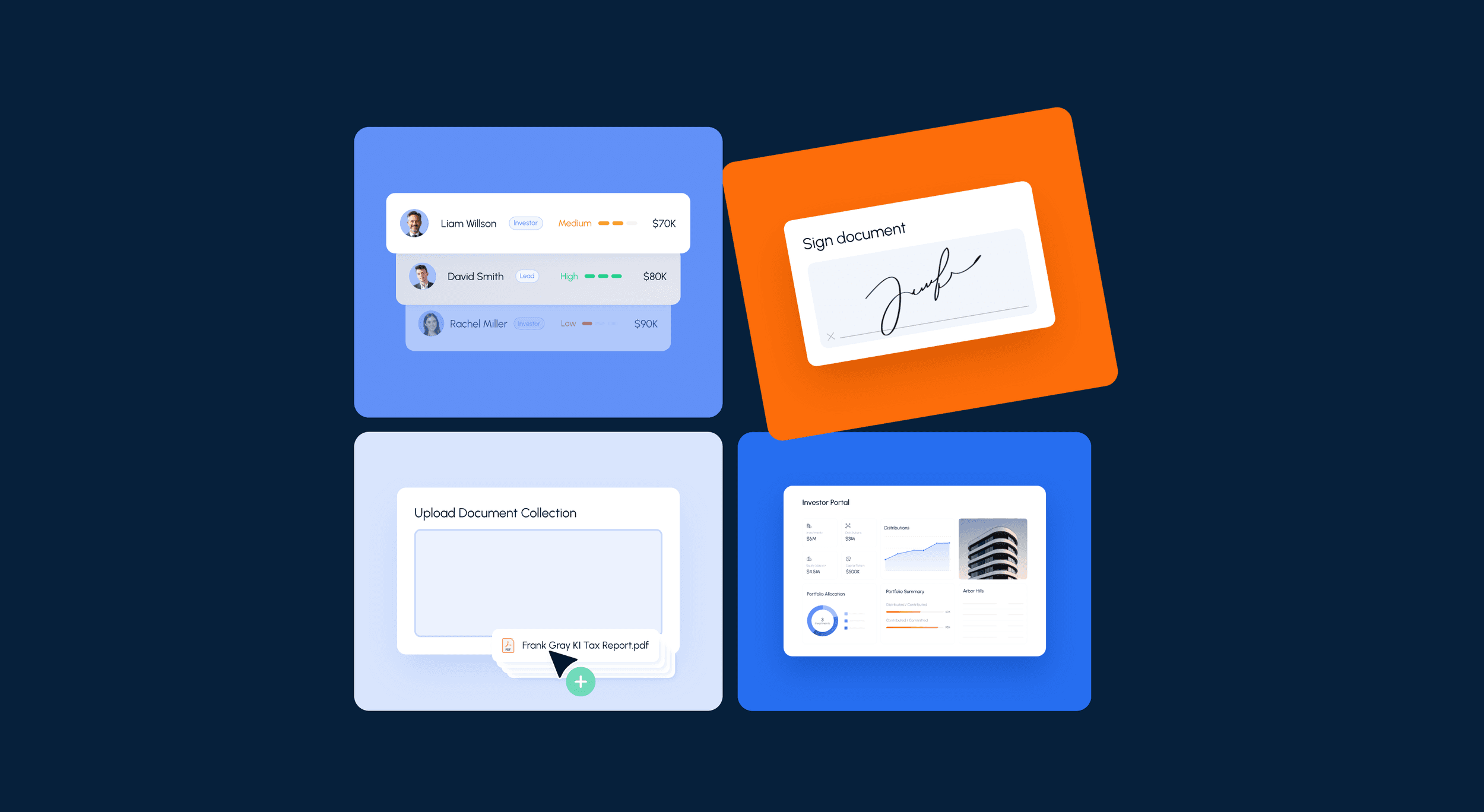 Agora product illustration: investor list, signed document, document upload and investor portal cards