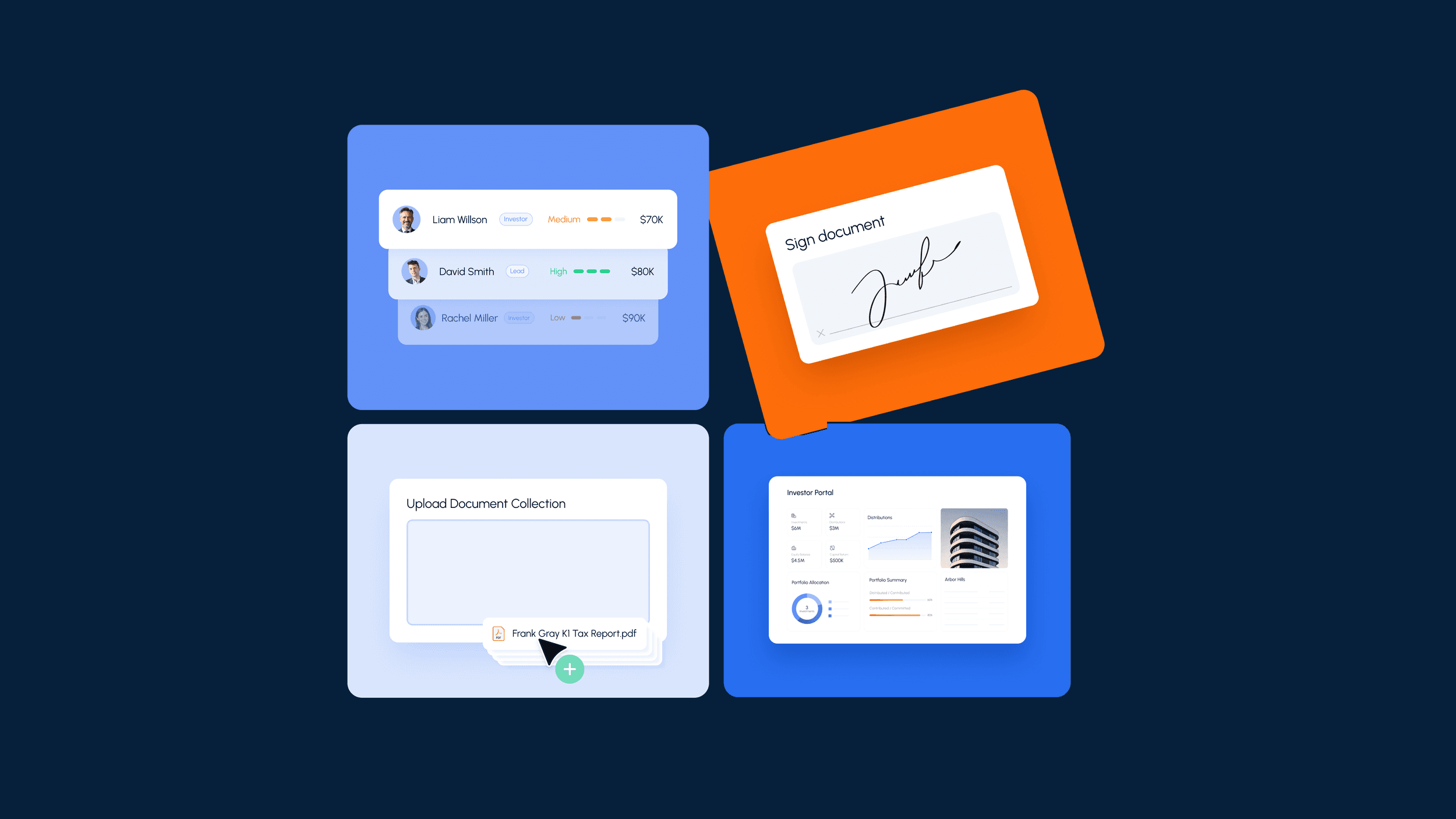 Agora product moments for the website: CRM, e-signature, document upload, investor portal