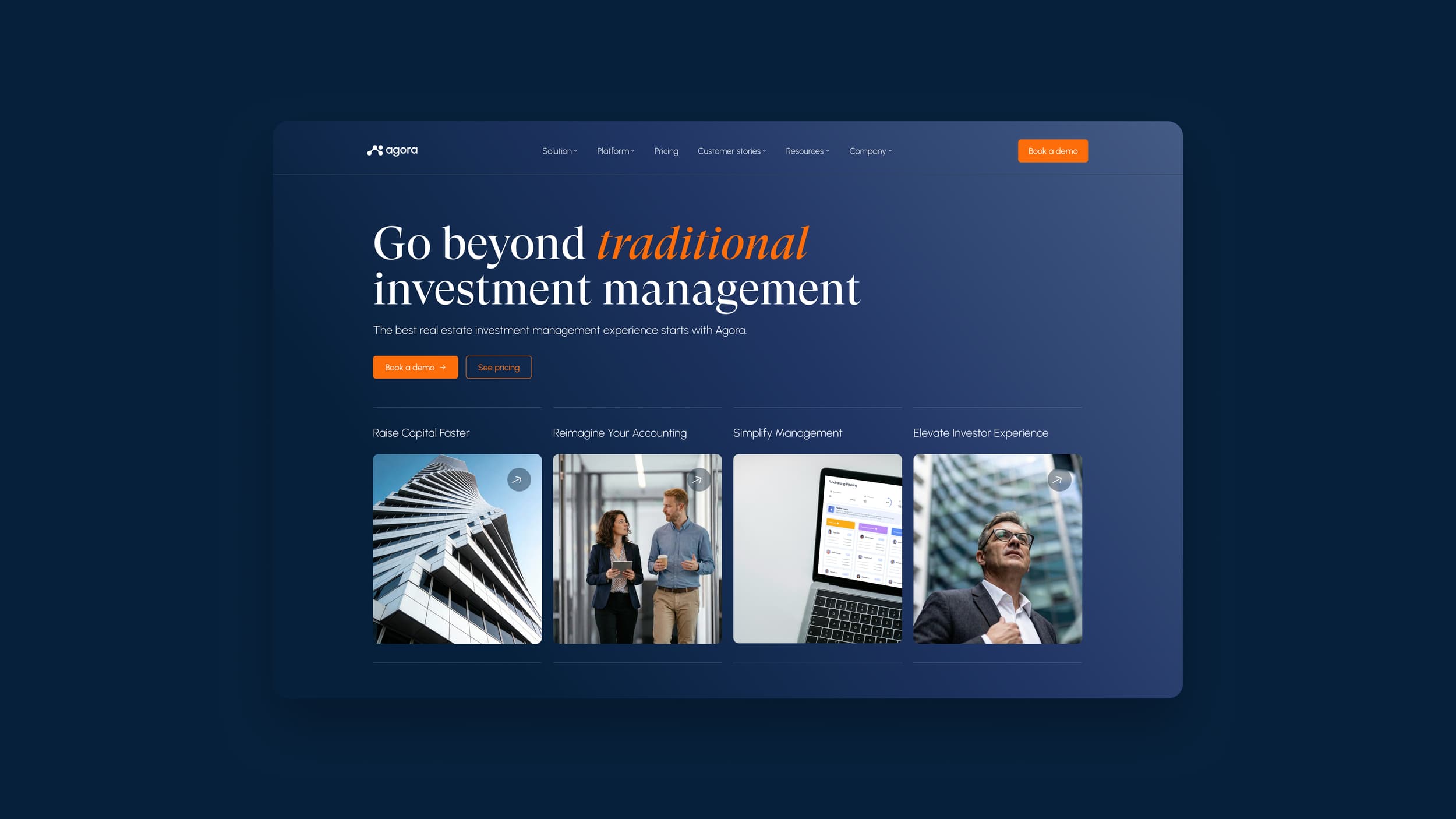 Agora website hero: Go beyond traditional investment management